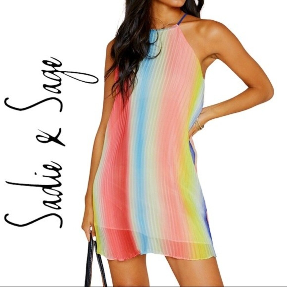 Colorful Babydoll Dress Lined (Medium) Sadie Sage Rainbow Tie Back Halter NWT